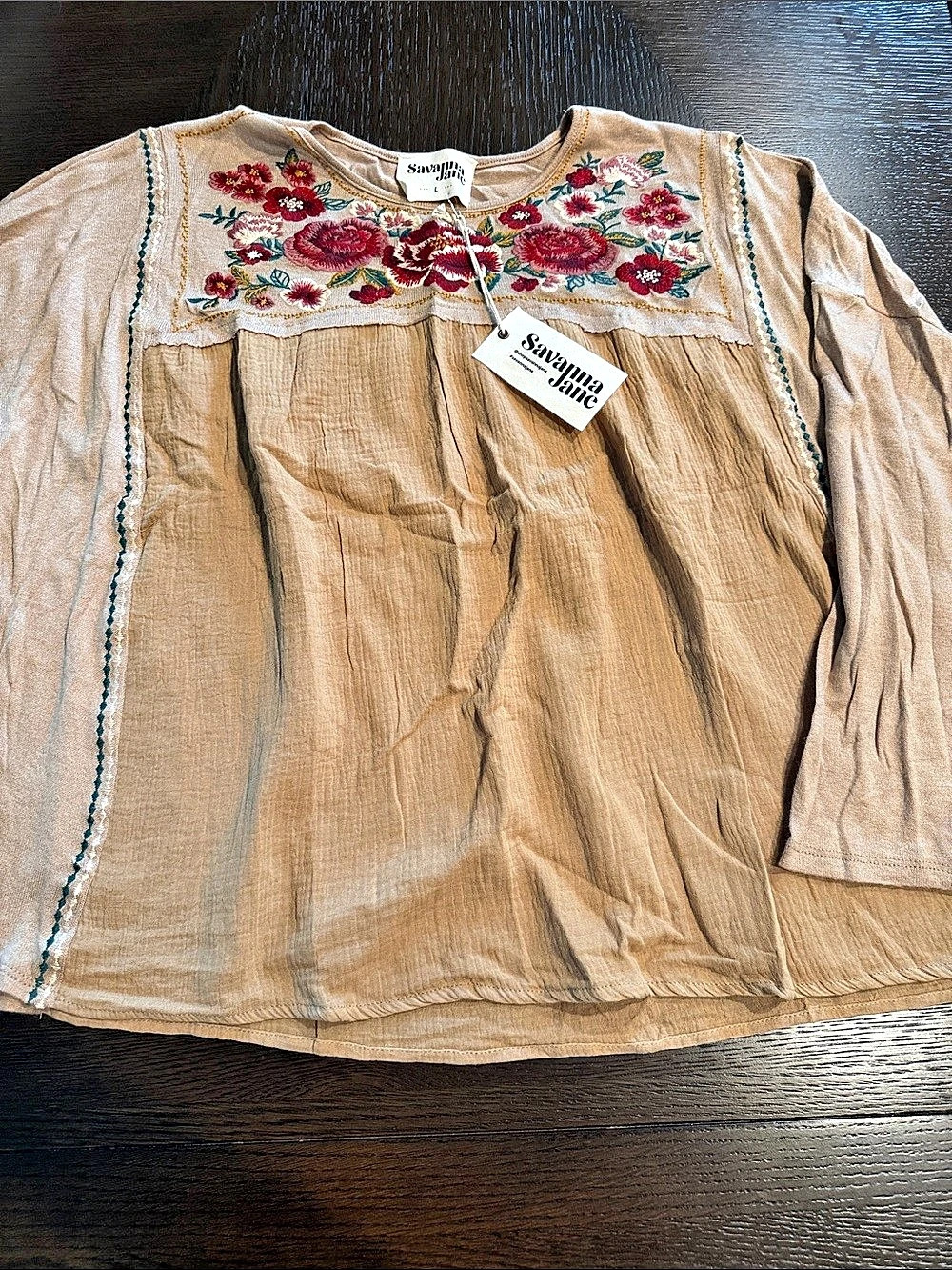 Savanna Jane Floral Embroidered Blouse in Brown & Red Size Large NWT